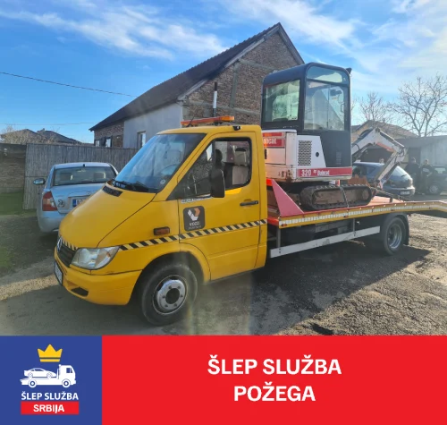 Šlep Služba Požega - transport malog bagera na žutom šlep kamionu